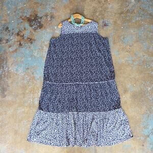 J Jill Floral Tiered Maxi Dress Plus Size 3X Navy Blue Sleeveless Cotton Modal